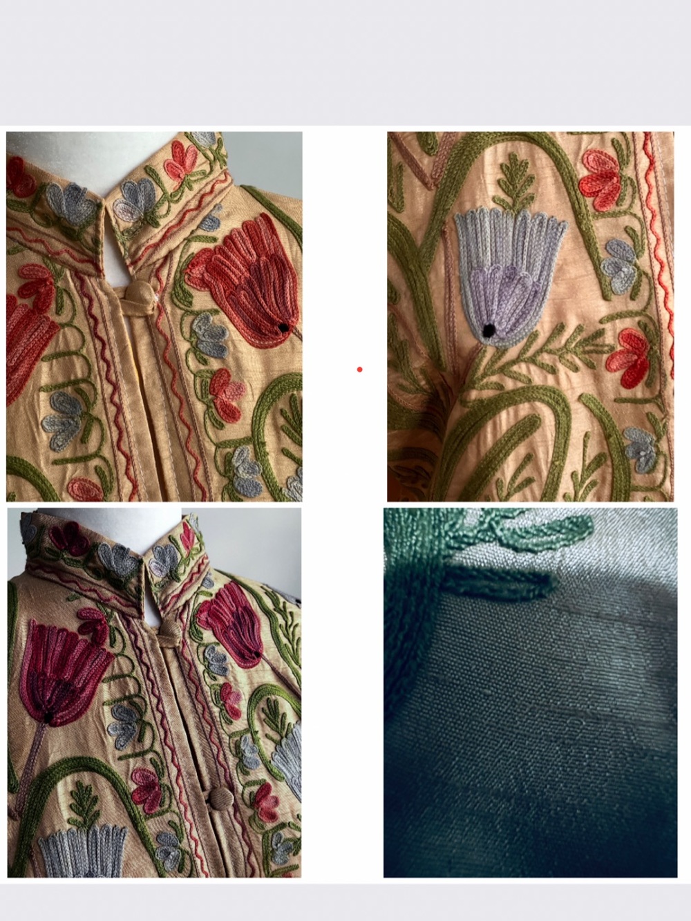 Soft Yellow Embroidered Long Tunic • Raw Silk Look & Feel • Red Blue Poppies - Picture 10 of 12